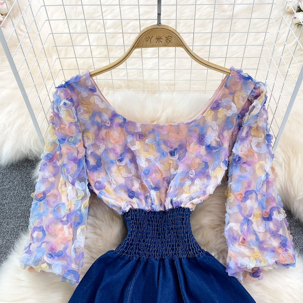 Cute Denim Chiffon Panel Dress RF0099