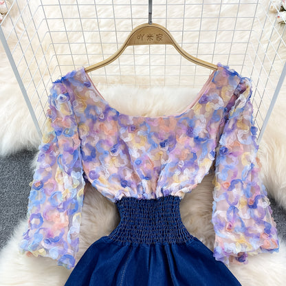 Cute Denim Chiffon Panel Dress RF0099