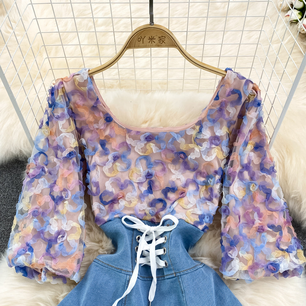 Cute Denim Chiffon Panel Dress RF0099