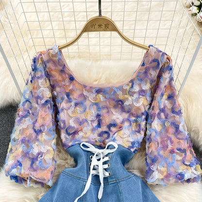 Cute Denim Chiffon Panel Dress RF0099