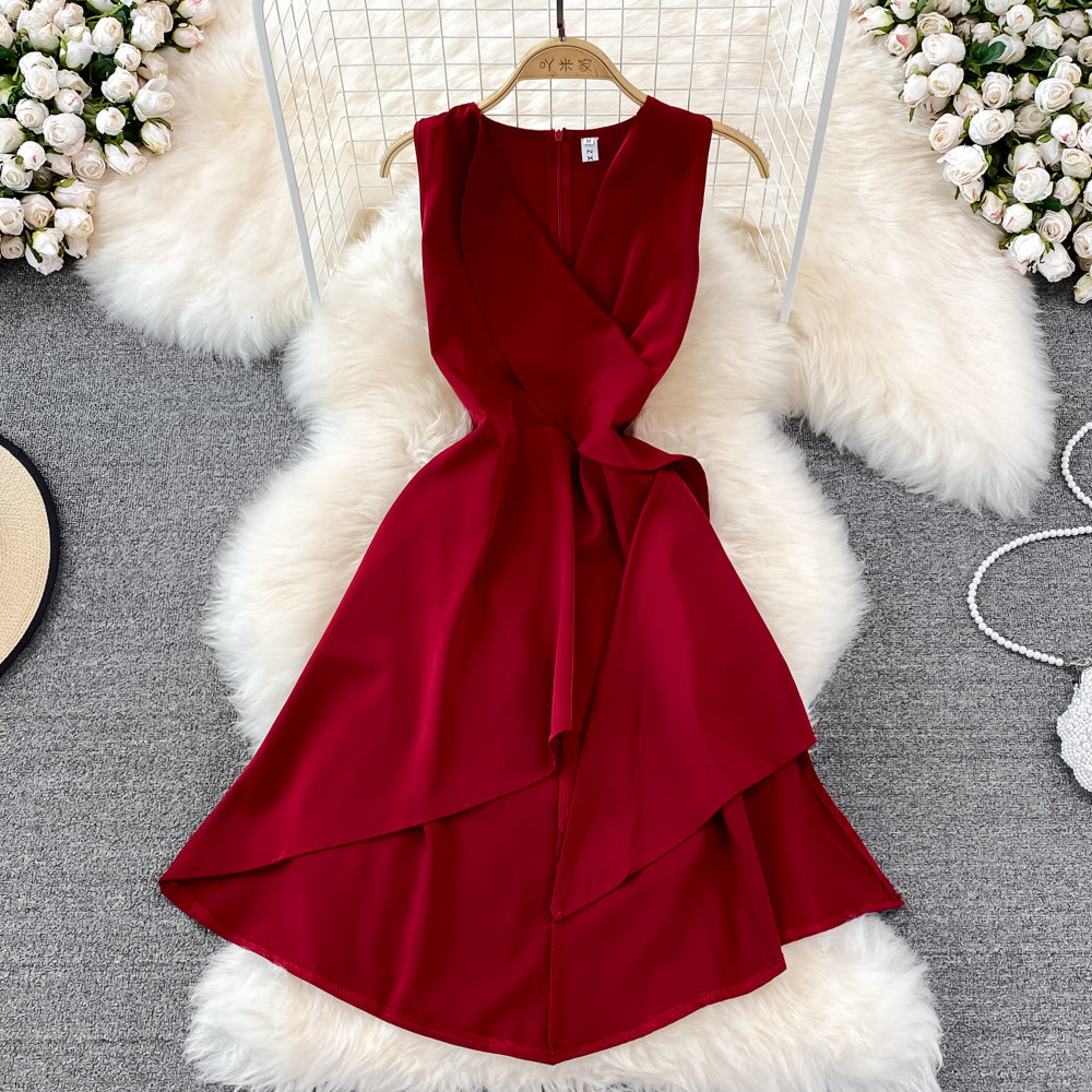 Red V Neck Irregular Dress RF0095