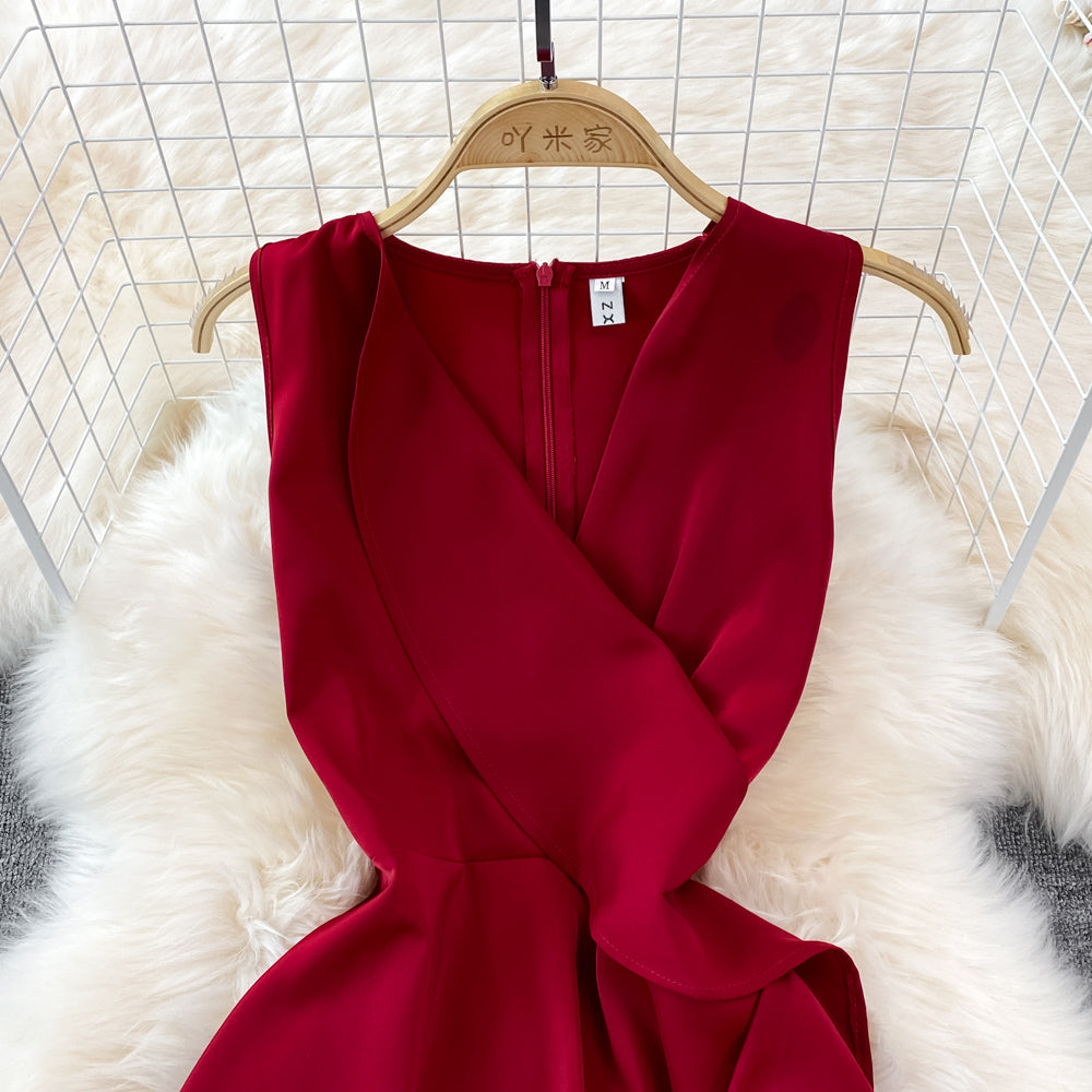 Red V Neck Irregular Dress RF0095