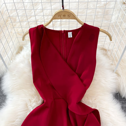 Red V Neck Irregular Dress RF0095