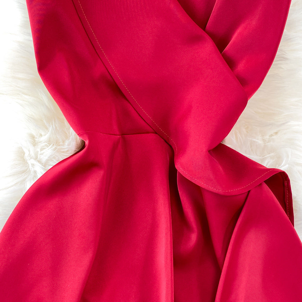 Red V Neck Irregular Dress RF0095