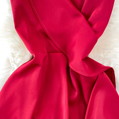 Red V Neck Irregular Dress RF0095