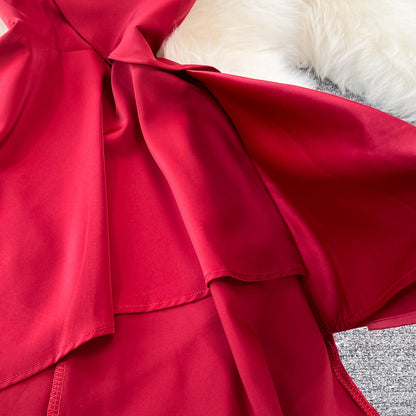 Red V Neck Irregular Dress RF0095