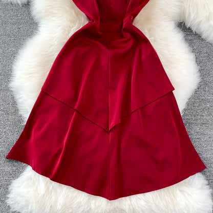 Red V Neck Irregular Dress RF0095
