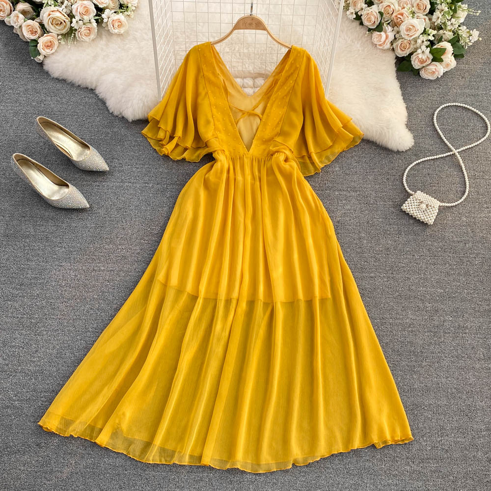 Yellow Chiffon A Line Dress Yellow Fashion Dress RF0089