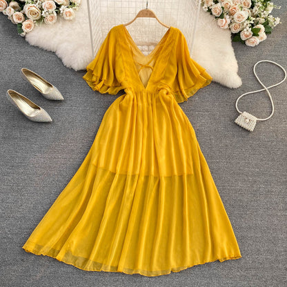 Yellow Chiffon A Line Dress Yellow Fashion Dress RF0089
