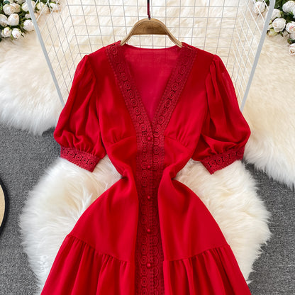Stylish V Neck Chiffon Lace Dress Fashion Dress RF0076