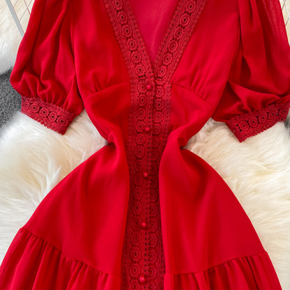 Stylish V Neck Chiffon Lace Dress Fashion Dress RF0076