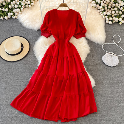 Stylish V Neck Chiffon Lace Dress Fashion Dress RF0076