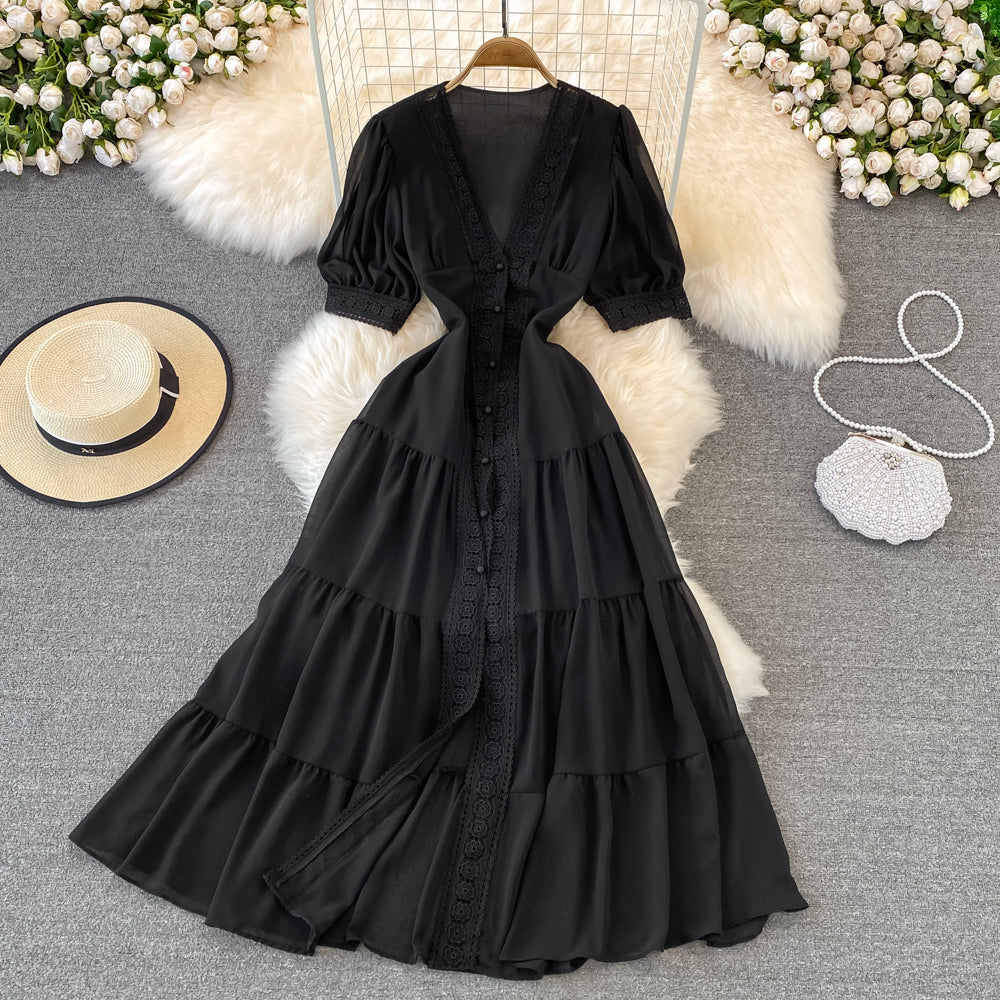 Stylish V Neck Chiffon Lace Dress Fashion Dress RF0076