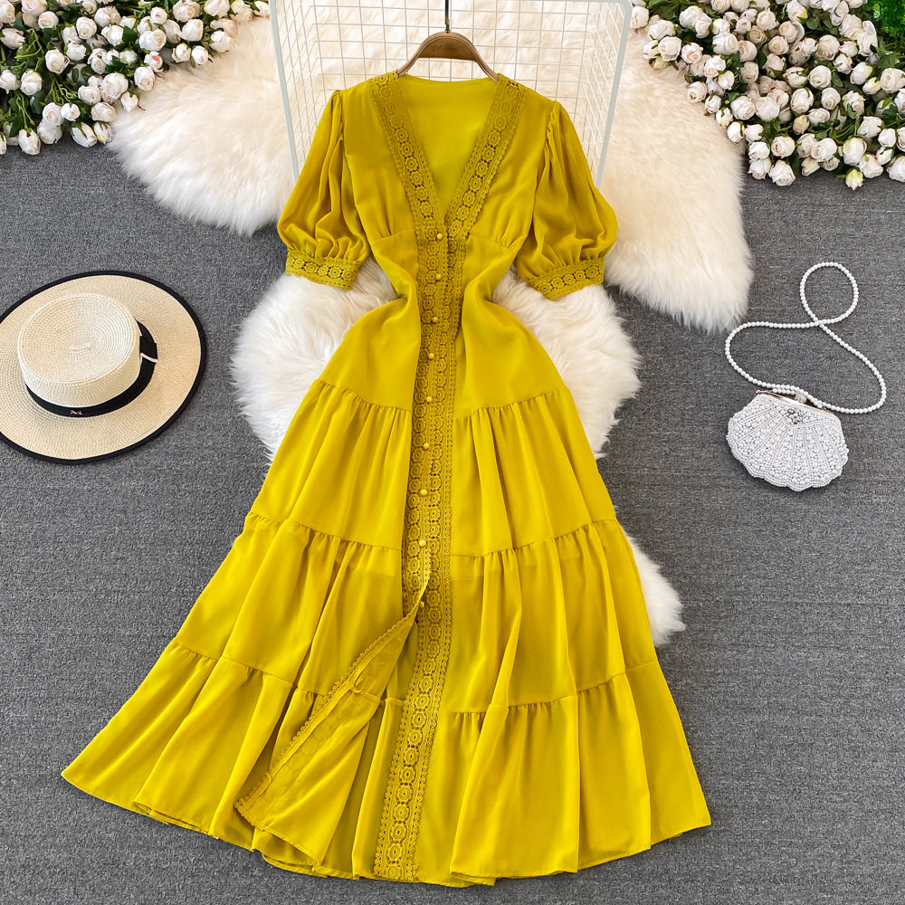 Stylish V Neck Chiffon Lace Dress Fashion Dress RF0076