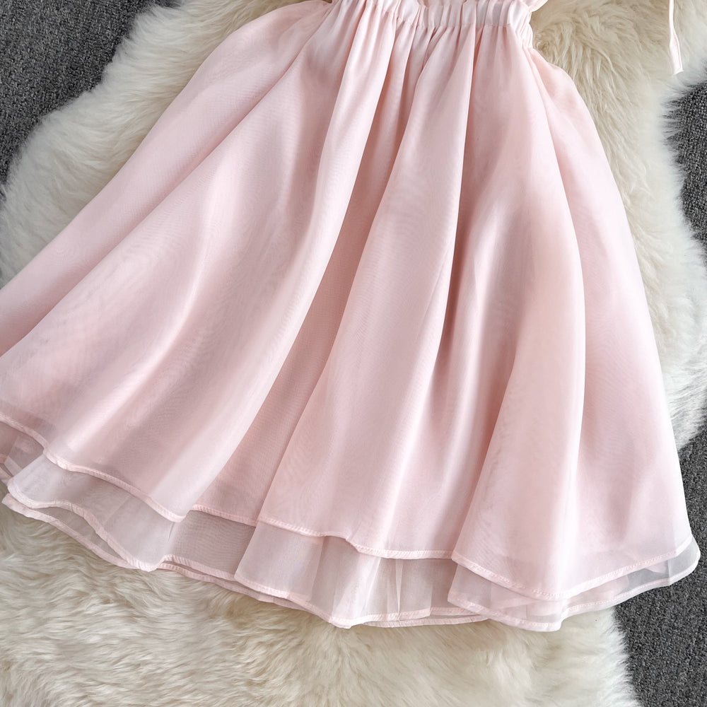 Pink Tulle Short Backless Dress Fashion Girl Dress RF0059