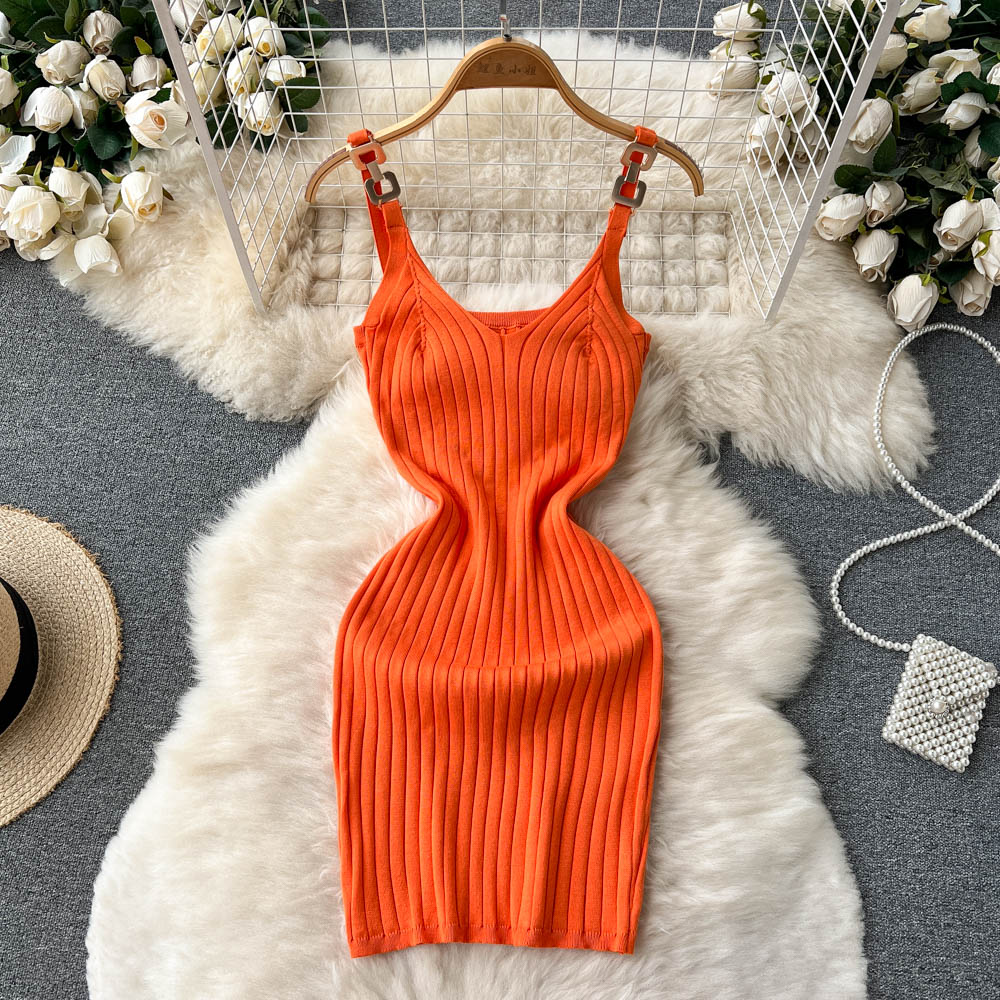 Stylish Knit Spaghetti Strap Short Dress RF0024