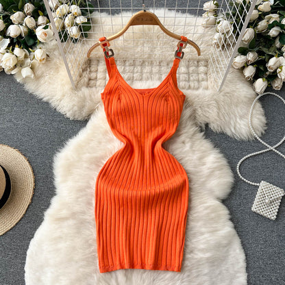 Stylish Knit Spaghetti Strap Short Dress RF0024