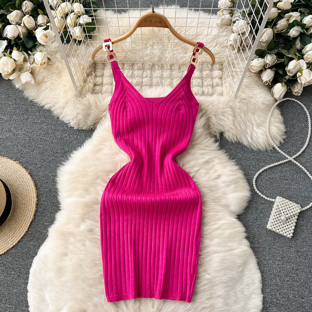 Stylish Knit Spaghetti Strap Short Dress RF0024
