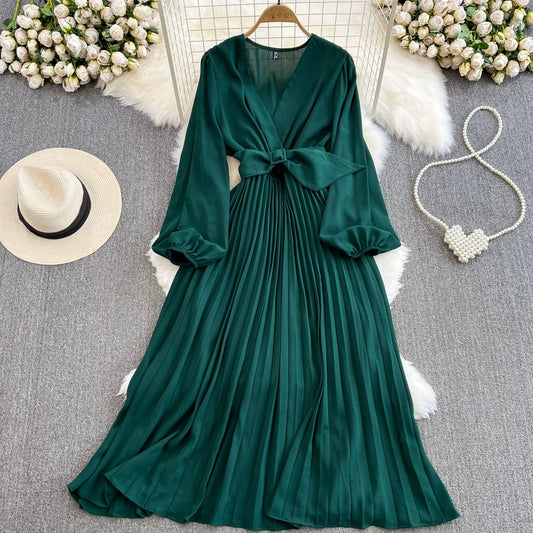Simple V-neck Chiffon Long Sleeve Dress RF0001