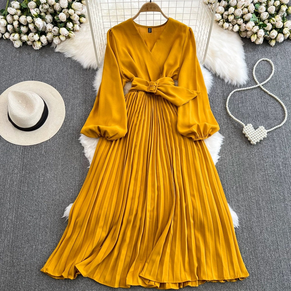 Simple V-neck Chiffon Long Sleeve Dress RF0001