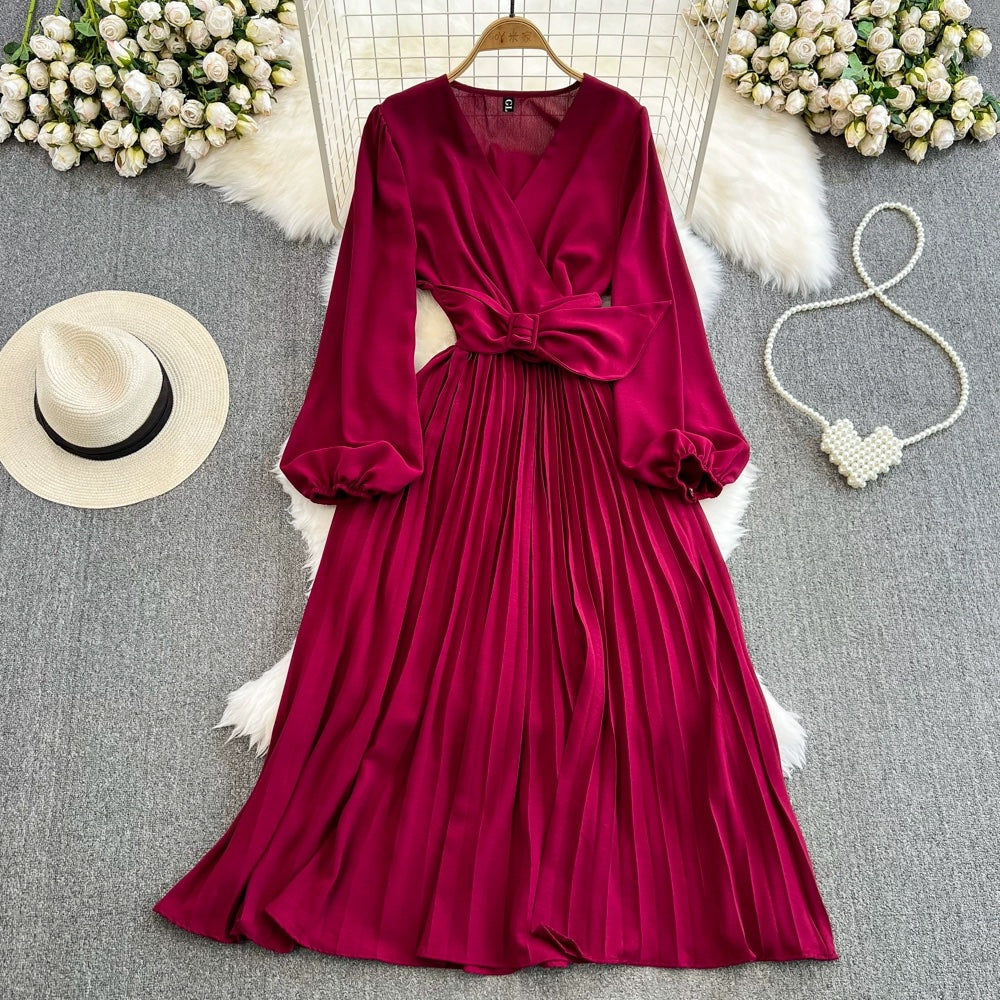 Simple V-neck Chiffon Long Sleeve Dress RF0001