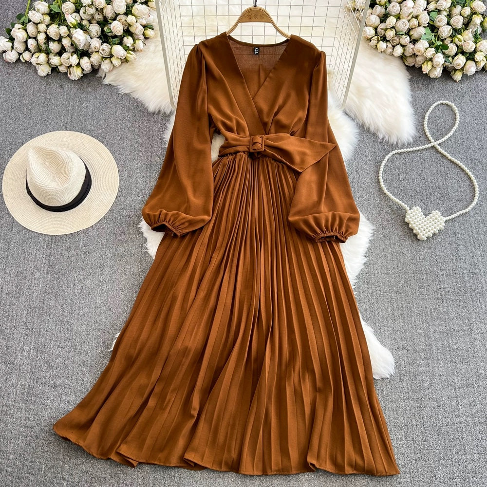 Simple V-neck Chiffon Long Sleeve Dress RF0001