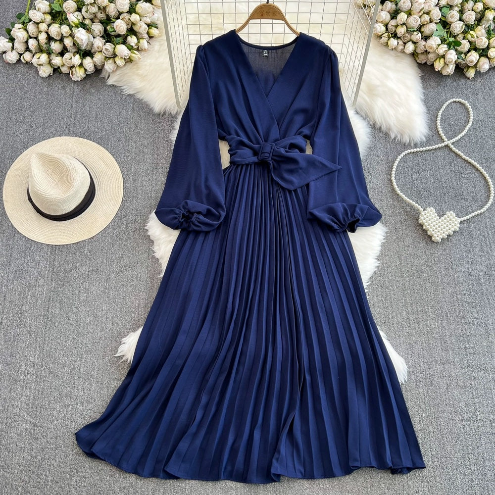 Simple V-neck Chiffon Long Sleeve Dress RF0001