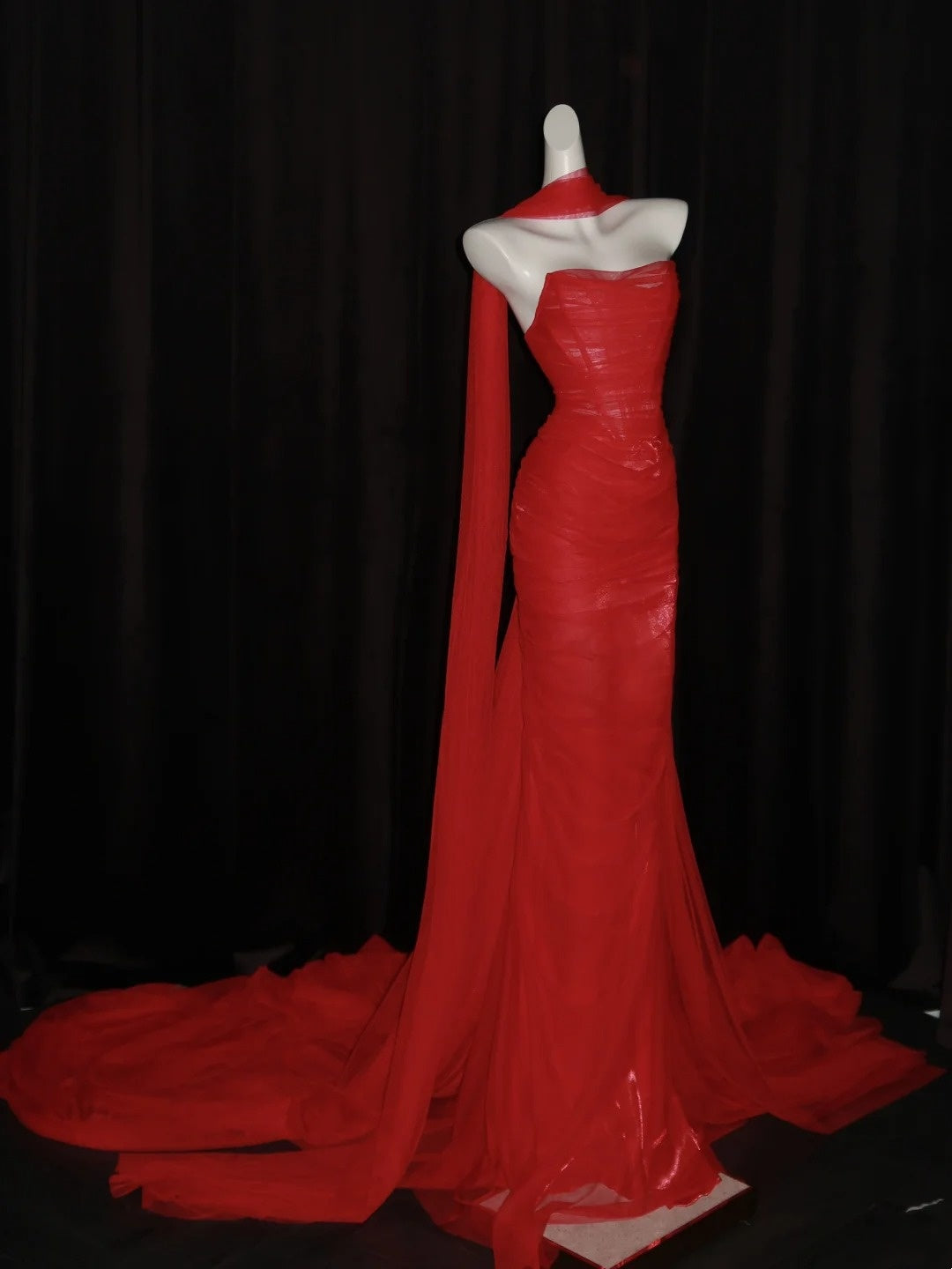Stunning Mermaid Sweetheart Red Tulle With Scarf Long Prom Dresses Inspiration Evening Dress Princess Graduation Gown N1087
