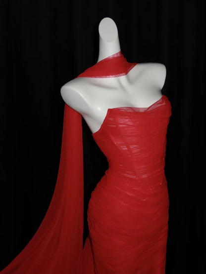 Stunning Mermaid Sweetheart Red Tulle With Scarf Long Prom Dresses Inspiration Evening Dress Princess Graduation Gown N1087