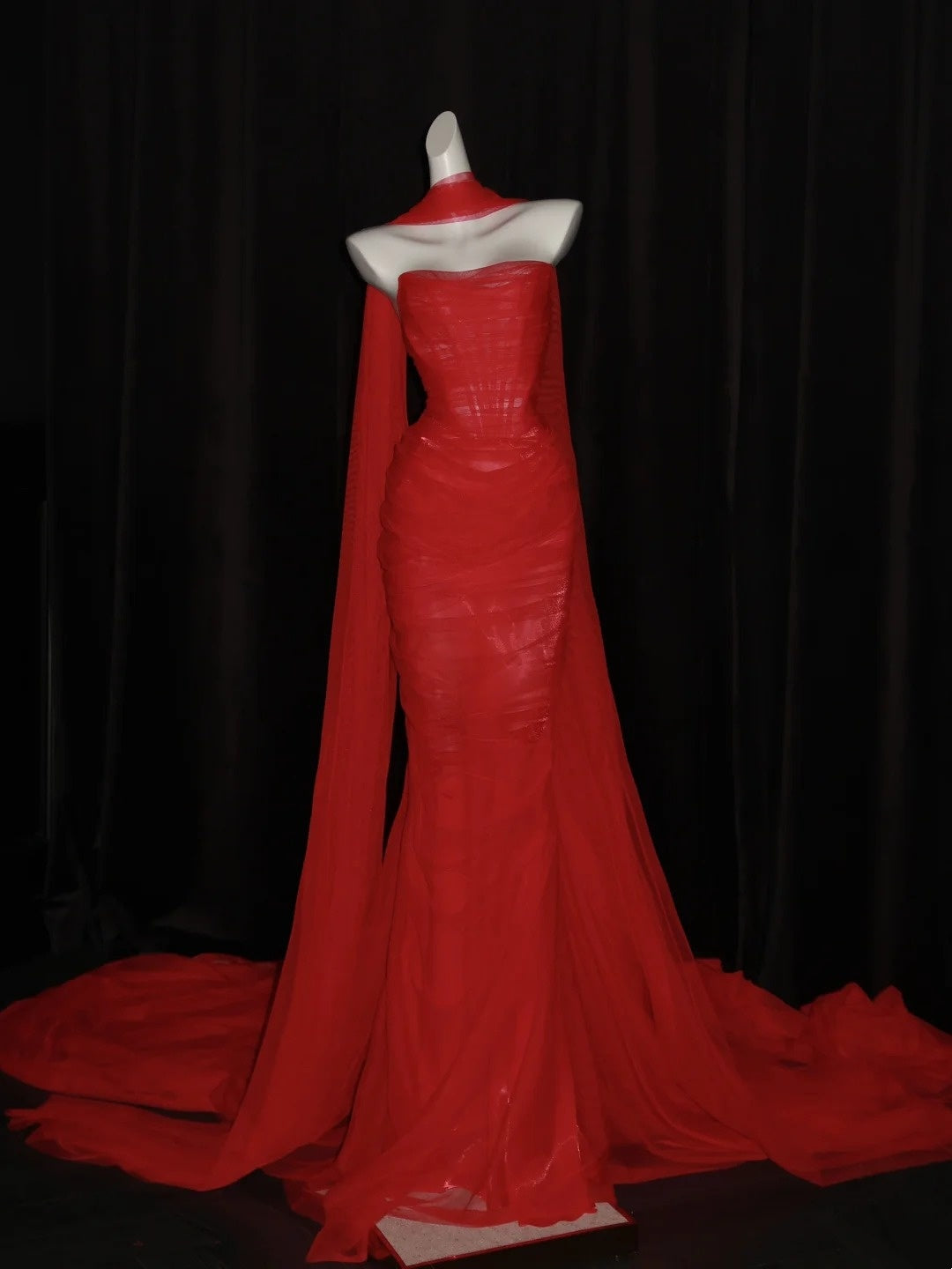 Stunning Mermaid Sweetheart Red Tulle With Scarf Long Prom Dresses Inspiration Evening Dress Princess Graduation Gown N1087