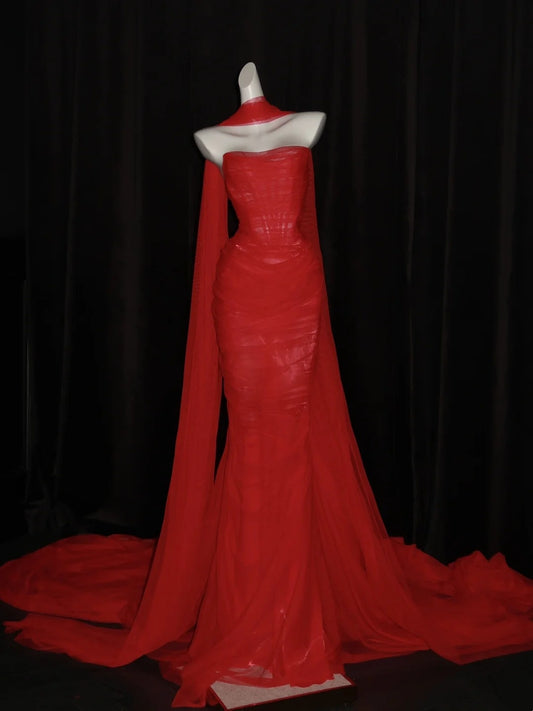 Stunning Mermaid Sweetheart Red Tulle With Scarf Long Prom Dresses Inspiration Evening Dress Princess Graduation Gown N1087