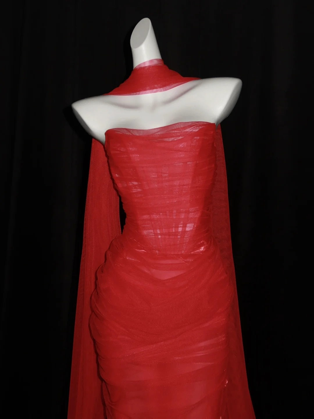 Stunning Mermaid Sweetheart Red Tulle With Scarf Long Prom Dresses Inspiration Evening Dress Princess Graduation Gown N1087