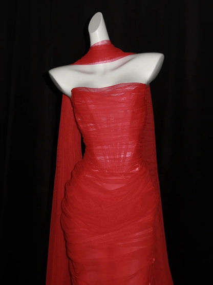 Stunning Mermaid Sweetheart Red Tulle With Scarf Long Prom Dresses Inspiration Evening Dress Princess Graduation Gown N1087