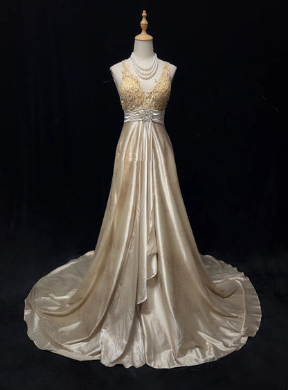 Beautiful Prom Dresses Inspo A Line Halter Champagne Satin With Lace Long Women Formal Dress N3198