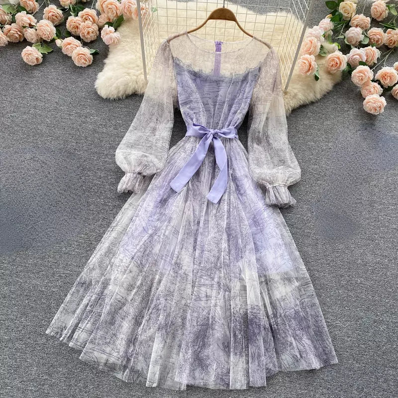 Retro Ink Print Long Sleeve Dress RF0145