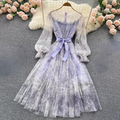 Retro Ink Print Long Sleeve Dress RF0145