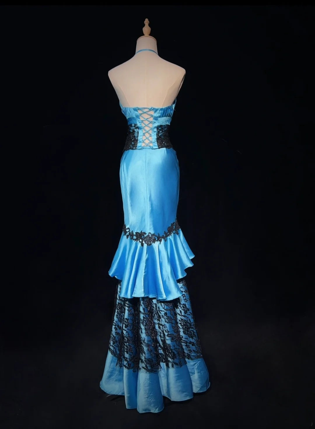 Vintage Prom Dresses Inspo Mermaid Halter Blue Satin With Black Lace 80s Long Formal Gown N2833