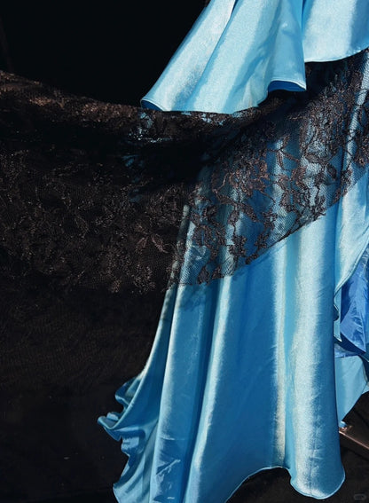 Vintage Prom Dresses Inspo Mermaid Halter Blue Satin With Black Lace 80s Long Formal Gown N2833
