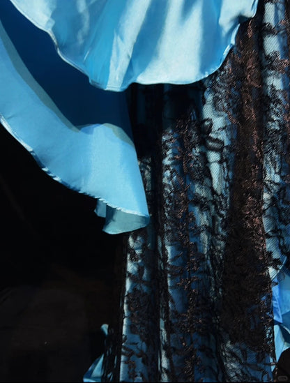 Vintage Prom Dresses Inspo Mermaid Halter Blue Satin With Black Lace 80s Long Formal Gown N2833