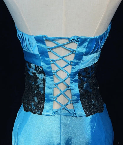 Vintage Prom Dresses Inspo Mermaid Halter Blue Satin With Black Lace 80s Long Formal Gown N2833