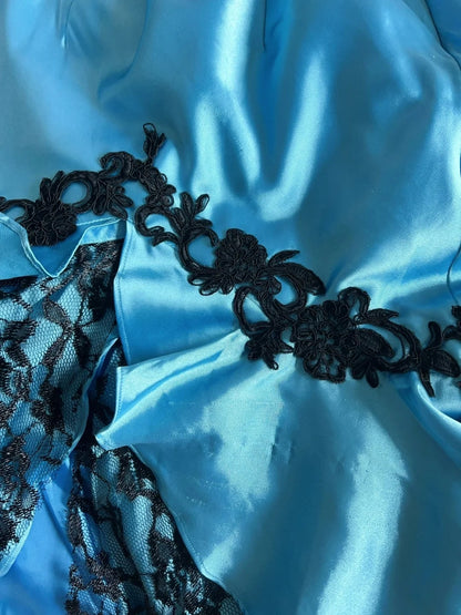 Vintage Prom Dresses Inspo Mermaid Halter Blue Satin With Black Lace 80s Long Formal Gown N2833