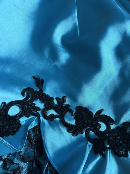 Vintage Prom Dresses Inspo Mermaid Halter Blue Satin With Black Lace 80s Long Formal Gown N2833