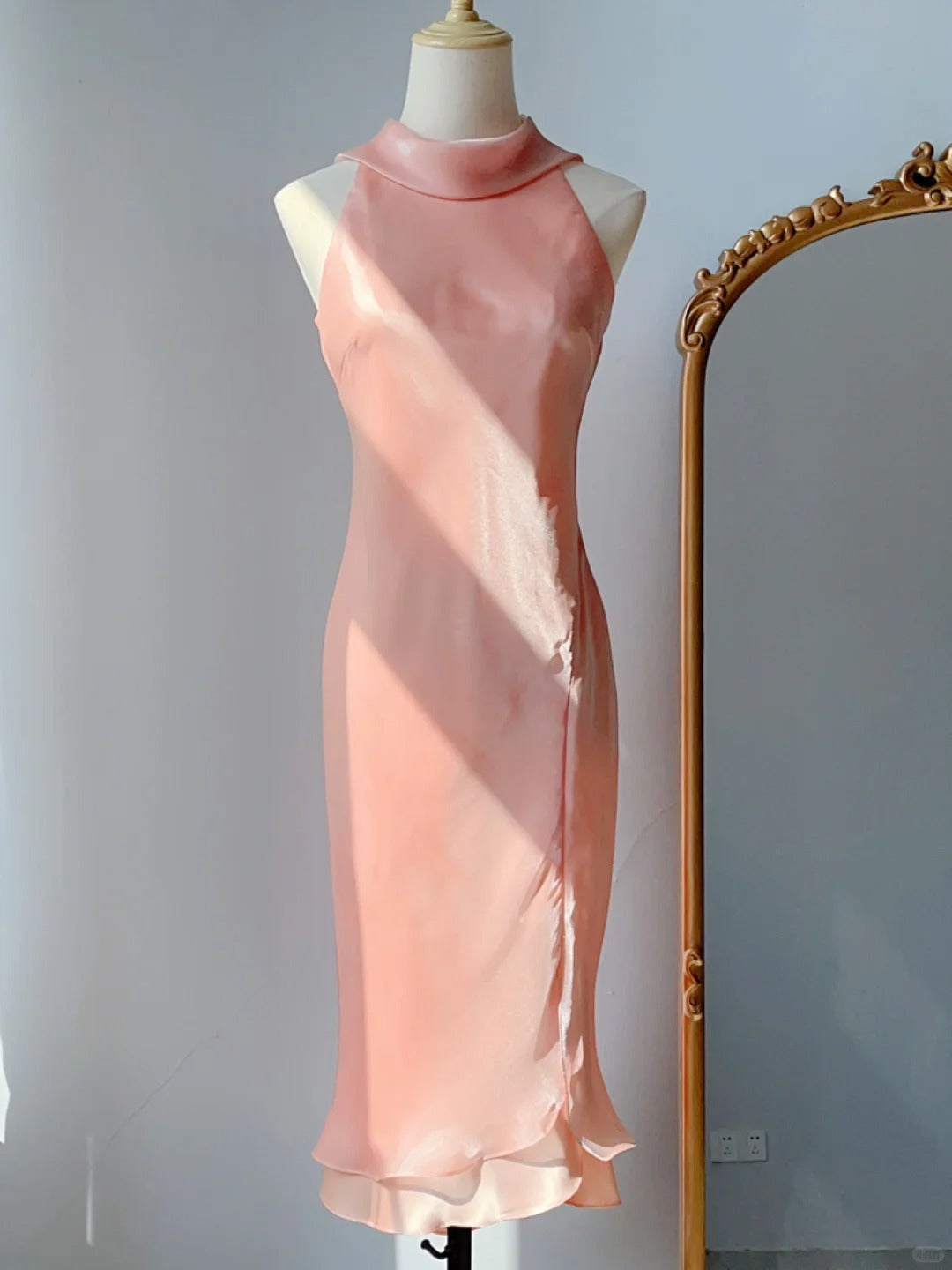 Vintage Prom Dresses 90s Mermaid High Neck Pink With Ruffles Sleeveless Knee Length Evening Formal Outfits RB4254