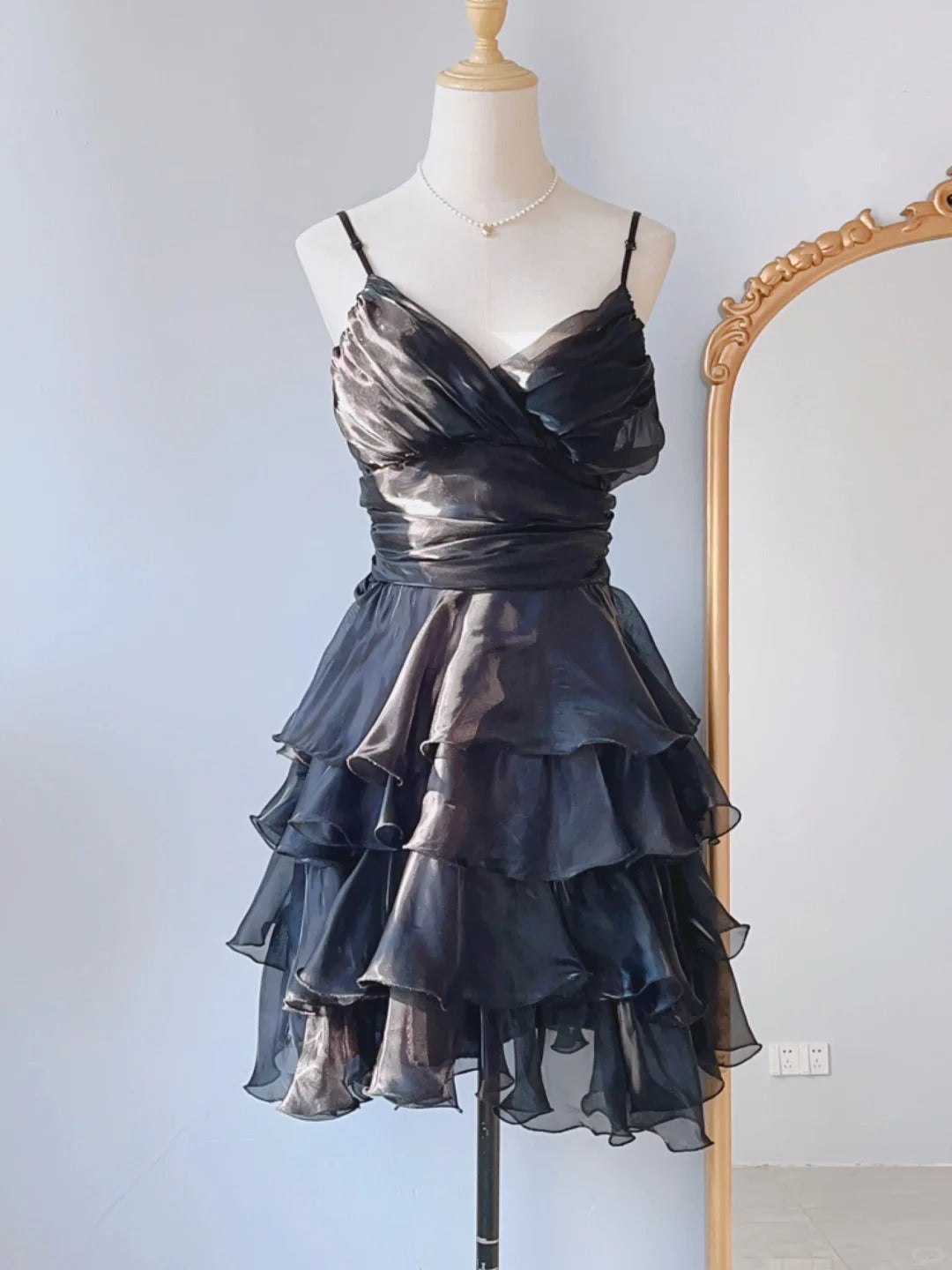Vintage Ball Gown Spaghetti Straps Black Mini Dress Aesthetic Look Short Homecoming Dresses RB4262