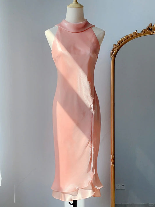 Modest Sheath Halter Sleeveless Mid Length Blush Pink Chiffon Spring Summer Event Outfits Wedding Guest Dresses RB3248