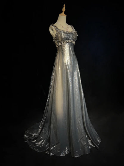 Modest Prom Dresses Mermaid Square Neck Silver Gray With Ruffled Beads Formal Outfits N3691
