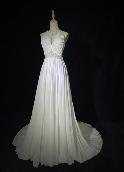 Romantic Wedding Dresses A Line Scoop Chiffon With Beaded Crystals White Long Bridal Gown N3405