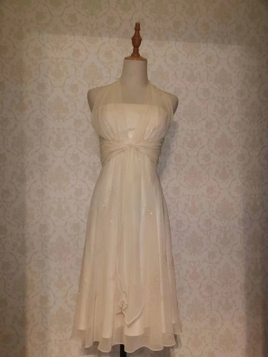 Vintage A line Halter White Chiffon 12th Grad Knee length Aesthetic Look Homecoming Dresses RB4300
