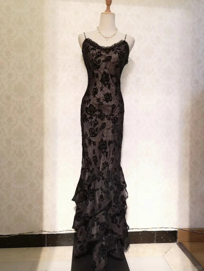 Vintage Prom Dresses 70s Mermaid Spaghetti Straps Black Lace Sleeveless Evening Formal Outfits RB4319