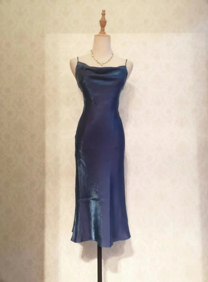 Vintage Prom Dresses 70s Mermaid Spaghetti Straps Navy Blue Tea Length Formal Outfits RB4287